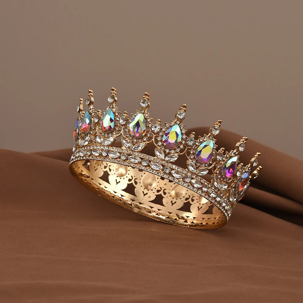 European Princess Queen Tiara round Baroque Pageant Crowns Crystal Full Crown King Tiaras Bridal Wedding Hair Accessories