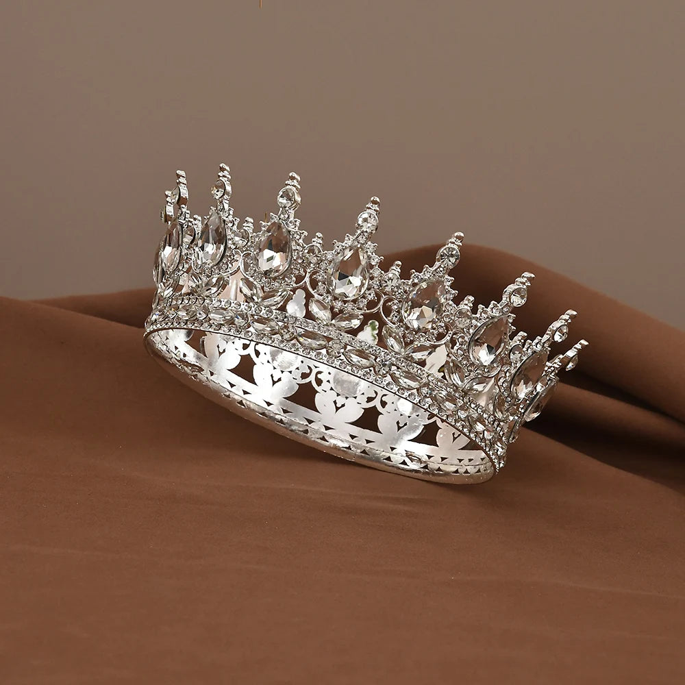 European Princess Queen Tiara round Baroque Pageant Crowns Crystal Full Crown King Tiaras Bridal Wedding Hair Accessories