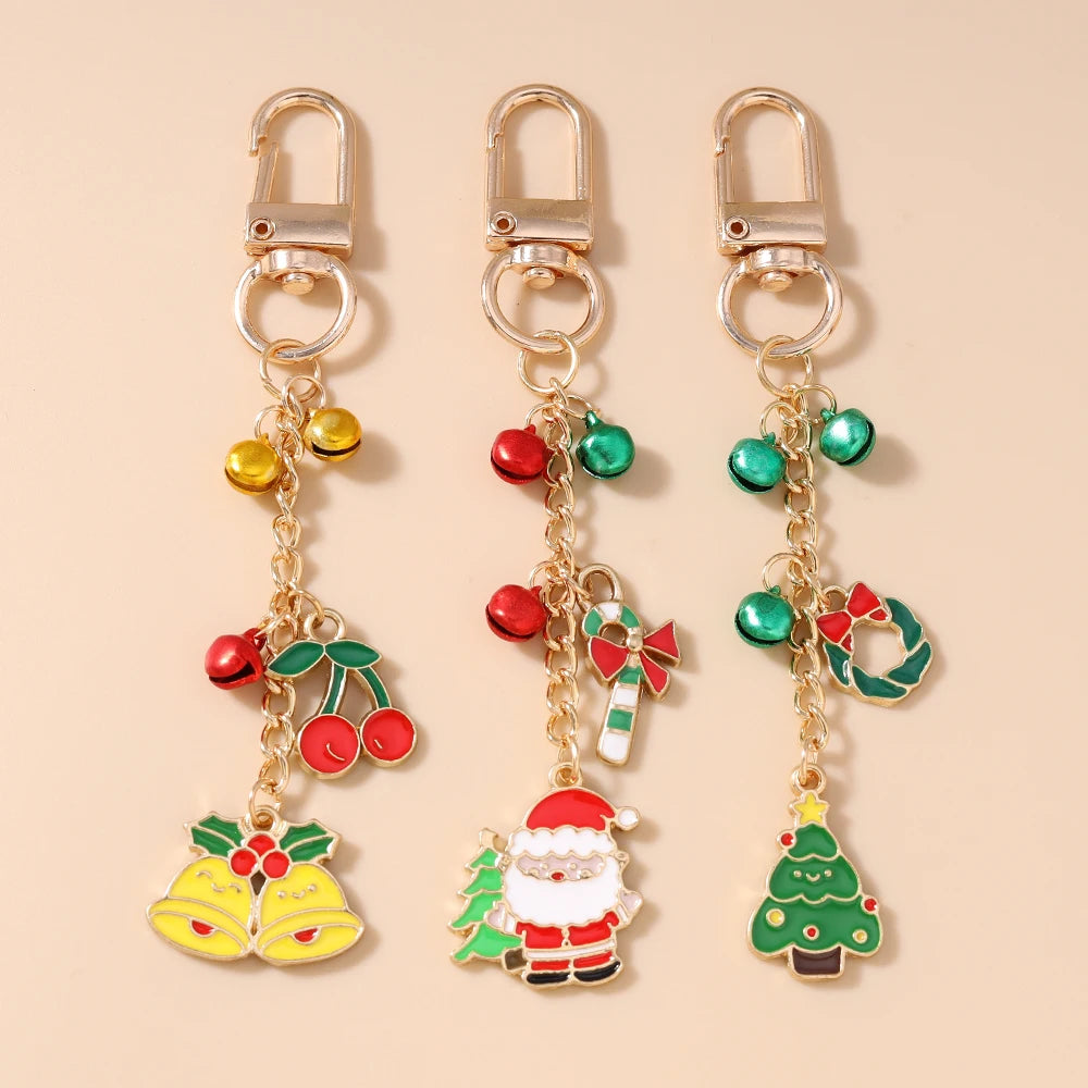 Cute Christmas Santa Claus Keychain Women Girls Bells Key Ring Pendants for Handbag Decor DIY Handmade Key Chain Gifts