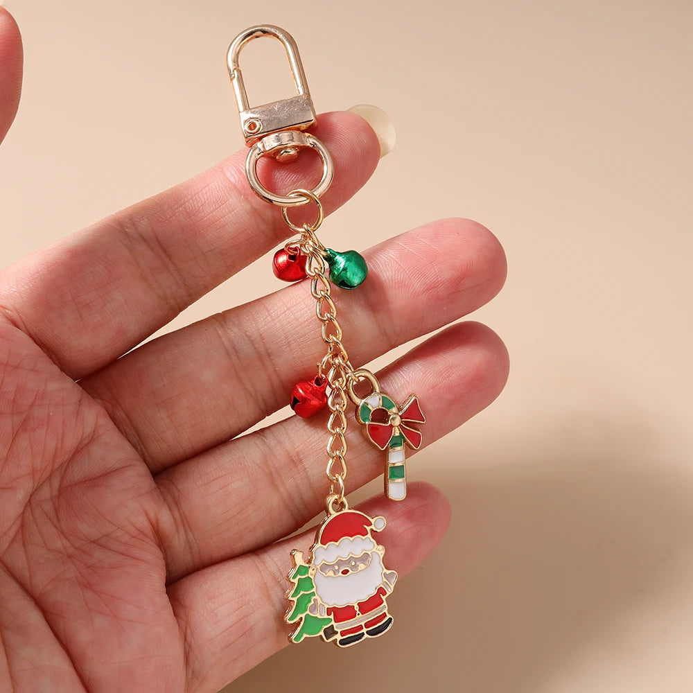 Cute Christmas Santa Claus Keychain Women Girls Bells Key Ring Pendants for Handbag Decor DIY Handmade Key Chain Gifts