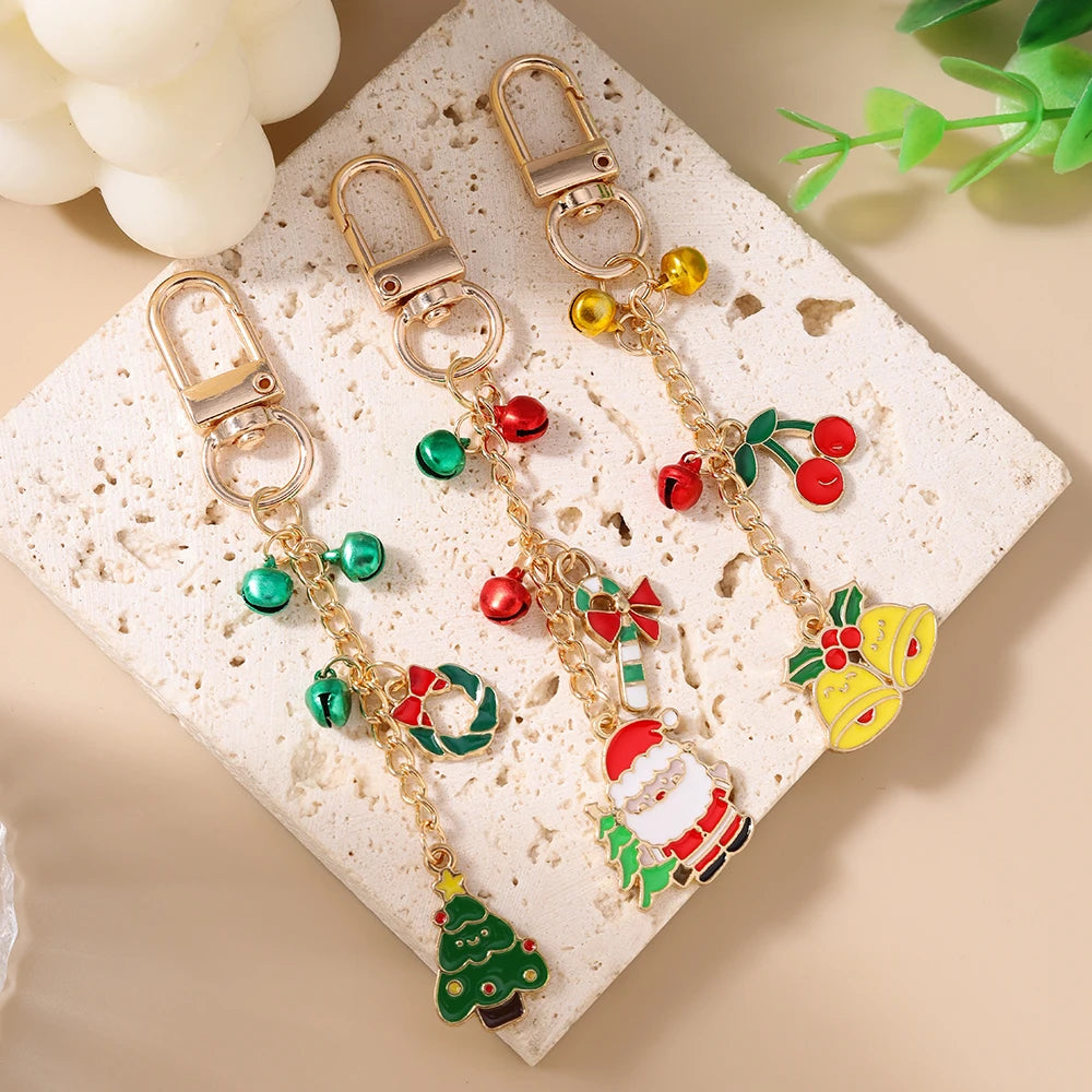 Cute Christmas Santa Claus Keychain Women Girls Bells Key Ring Pendants for Handbag Decor DIY Handmade Key Chain Gifts
